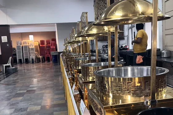 Buffet counters lit for evening service.