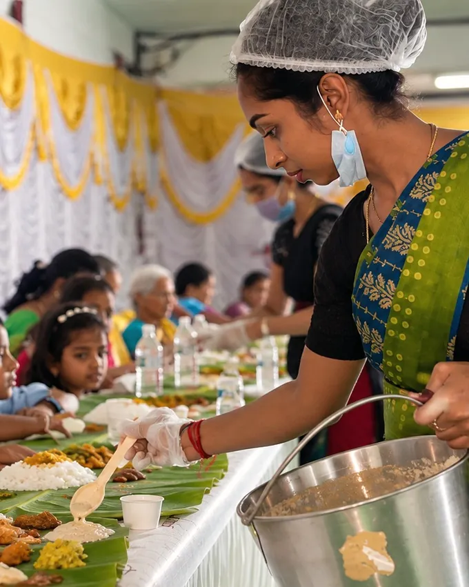 Sweet course being served at the end of a banana-leaf meal.