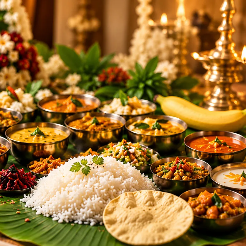 A South Indian vegetarian spread of curries, rice, sweets and papad served on a banana leaf.