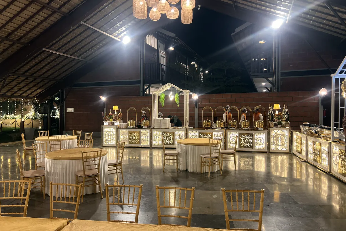 A banquet venue prepared for vegetarian catering service.
